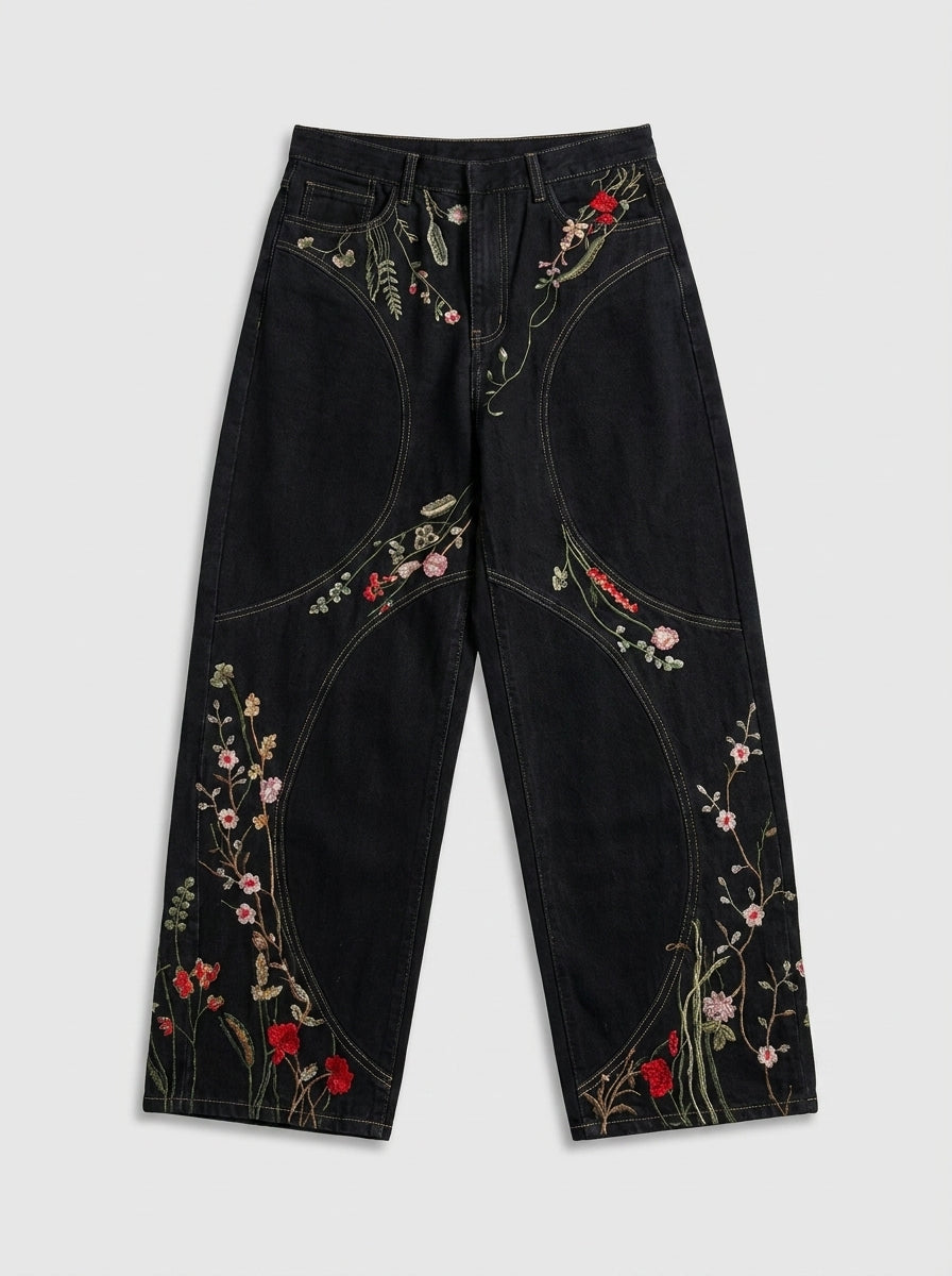 Midnight Bloom Floral Embroidered Baggy Jeans in Black Wash