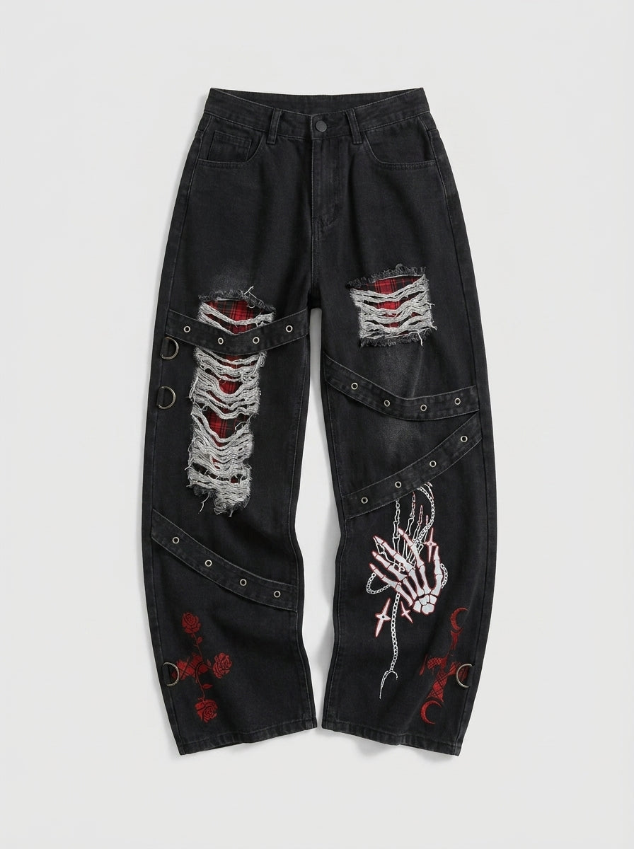 Crimson Bones Skeleton Graphic Baggy Jeans in Black Wash