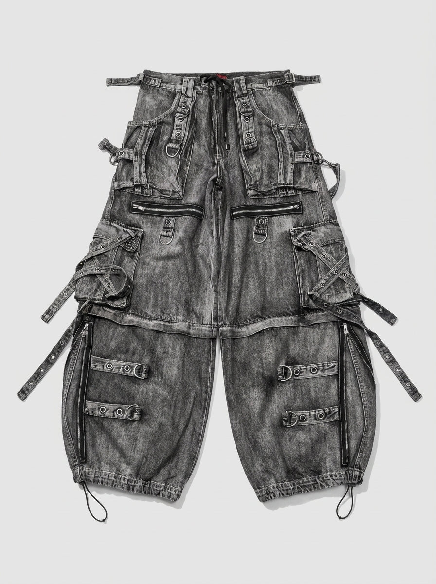 Riot Strap Buckle Cargo Denim Jorts in Washed Grey