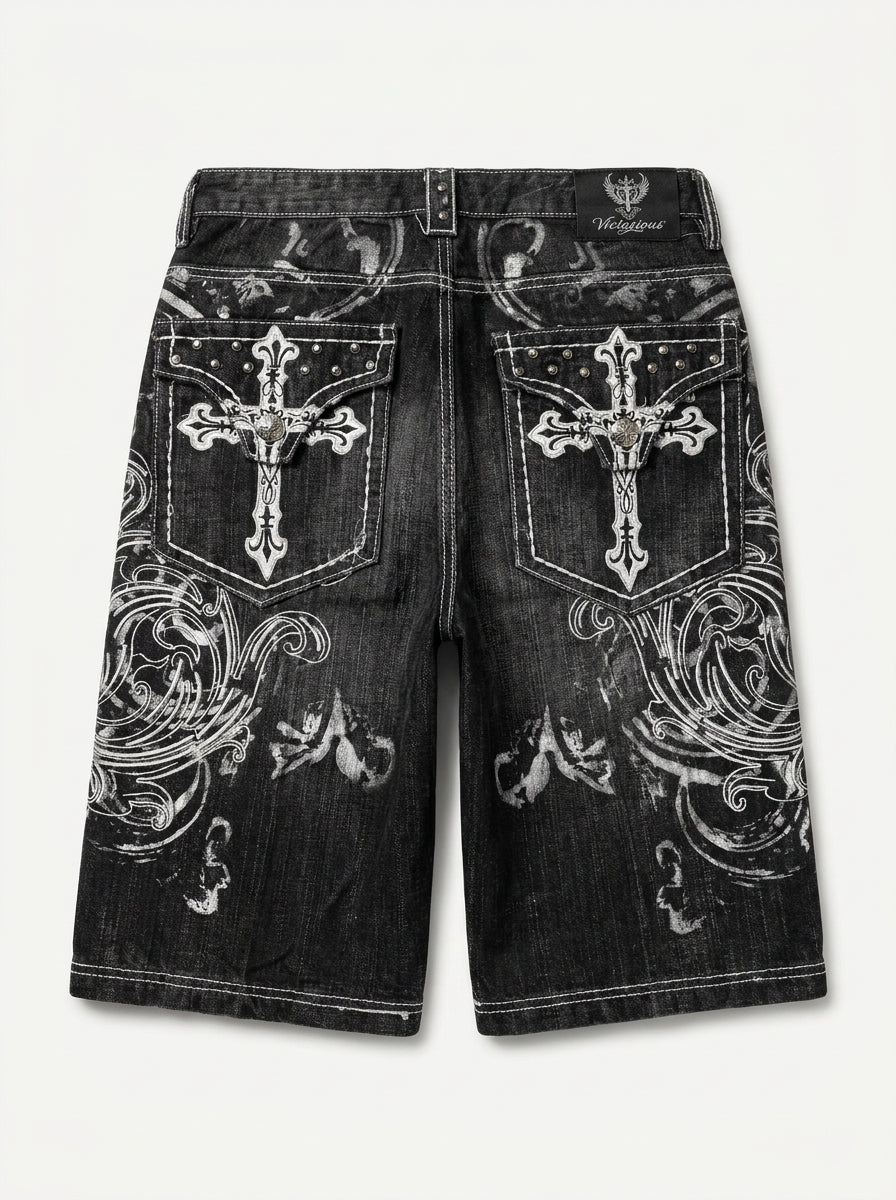 Ghost Scroll Graphic Baggy Denim Jorts in Washed Black
