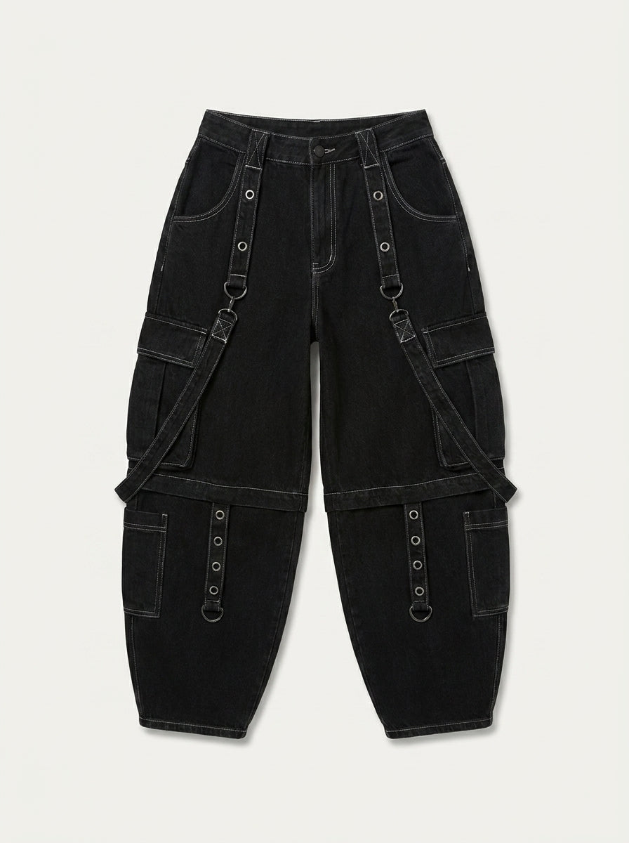 Phantom D-Ring Cargo Wide Leg Jeans in Black