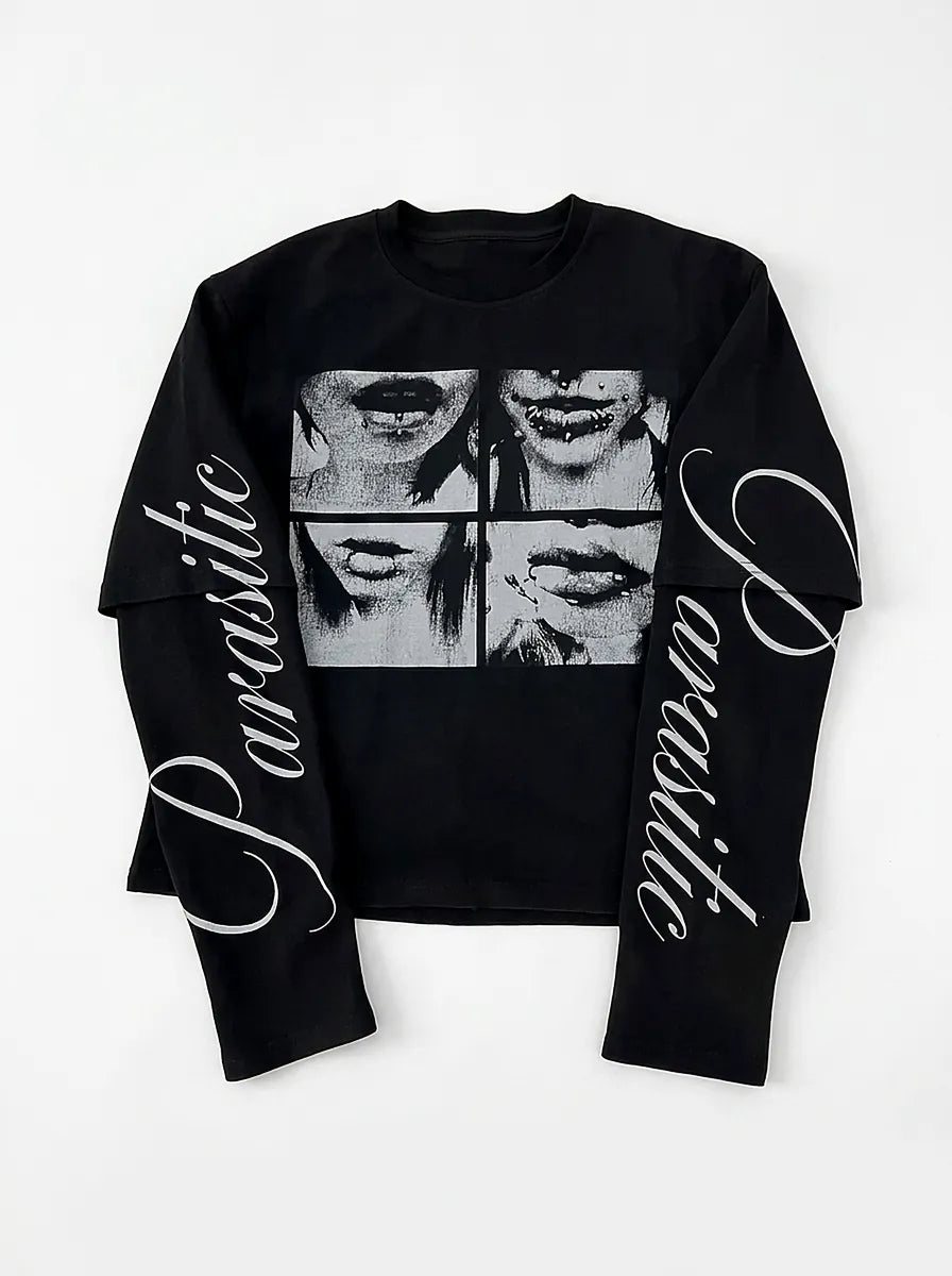 Dark Face Graphic Script Sleeve Long Sleeve Tee in Black