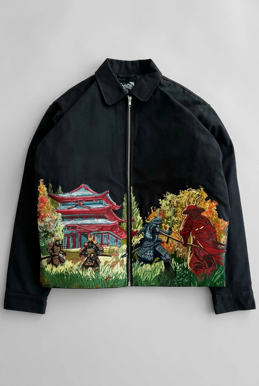 Y2K Bomber Jacket Samurai Embroidered Print Black Streetwear — Riot Samurai