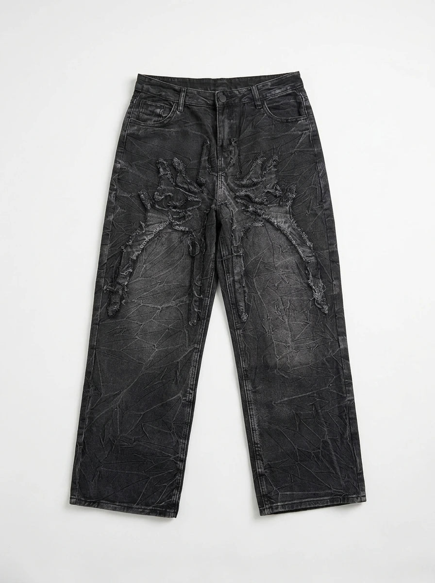 Y2K Baggy Jorts Spider Embroidered Print Black Grey Wash Gothic — Venom Spider