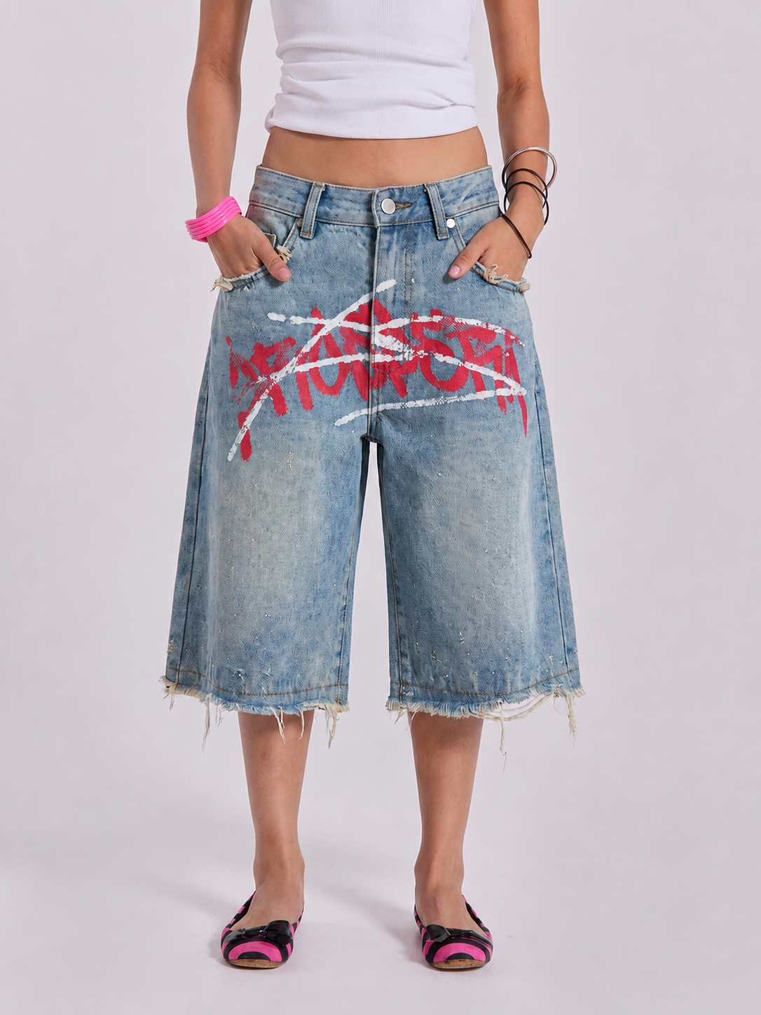 Riot Tag Graffiti Baggy Denim Jorts in Light Wash