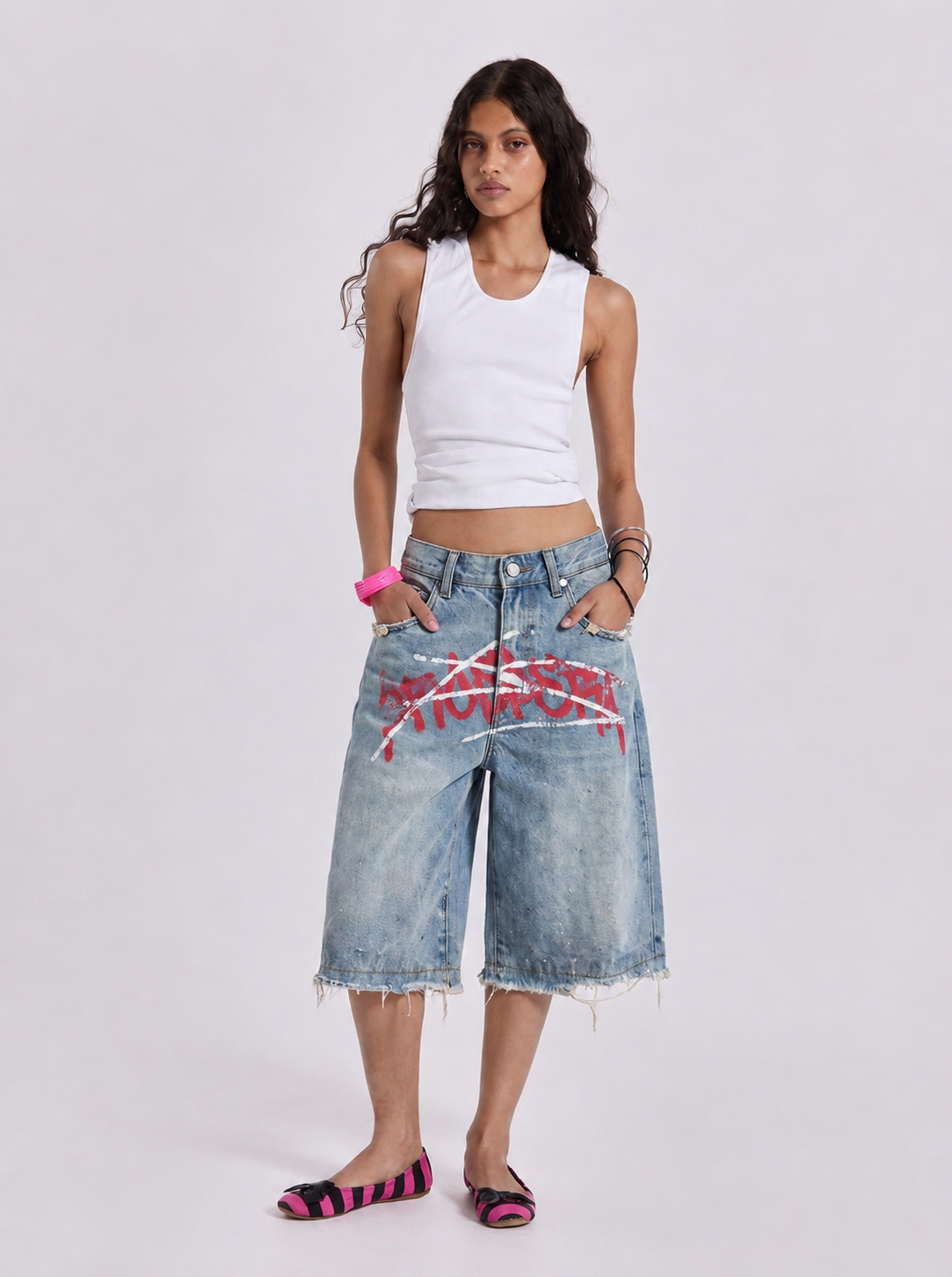 Riot Tag Graffiti Baggy Denim Jorts in Light Wash