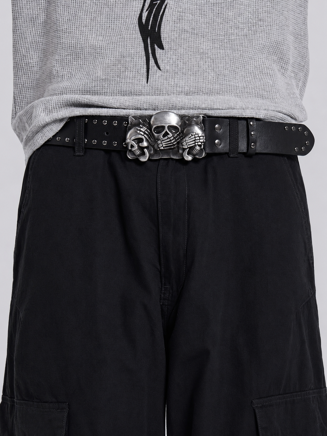 Three Wise Skulls Studded Buckle Belt in Black
