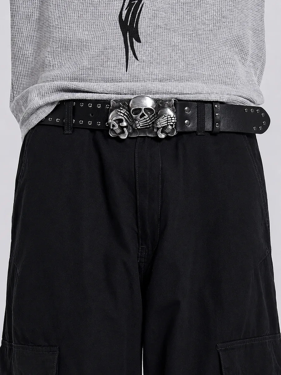 Three Wise Skulls Studded Buckle Belt in Black