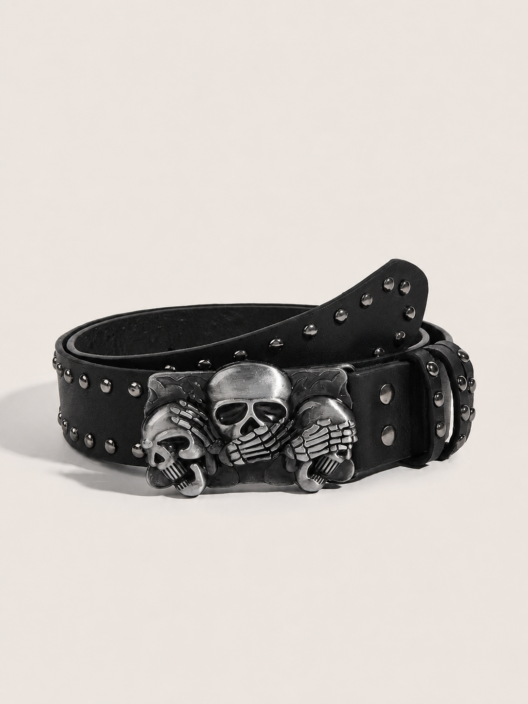 Three Wise Skulls Studded Buckle Belt in Black