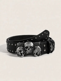 Three Wise Skulls Studded Buckle Belt in Black