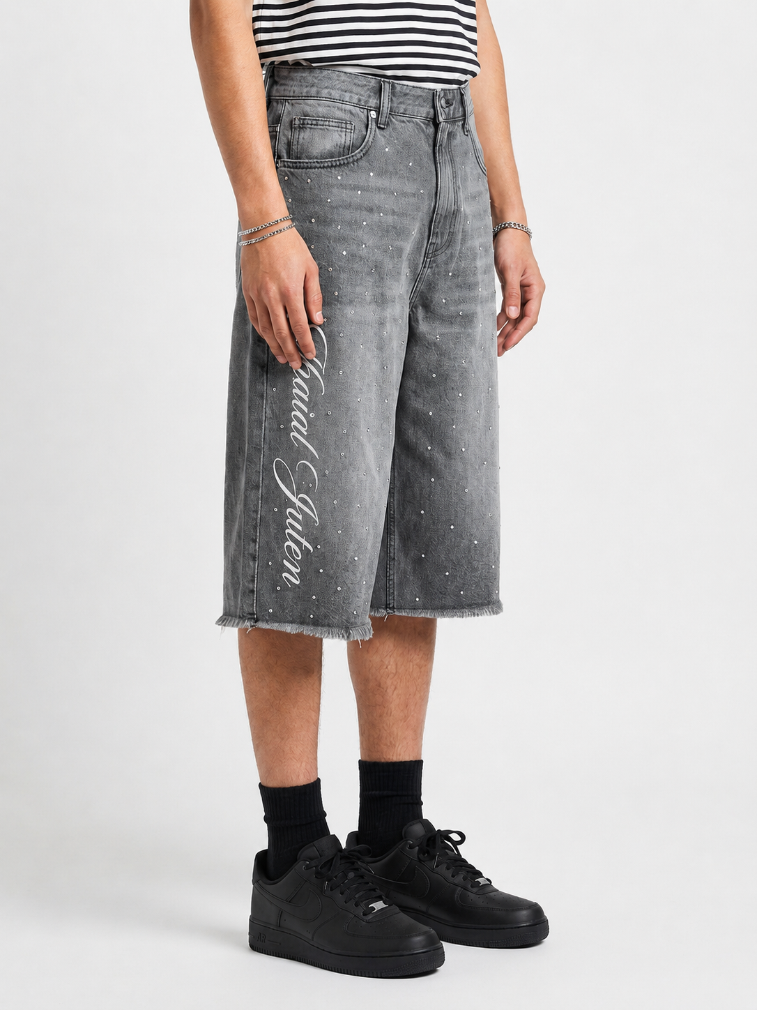 Lost Signal Rhinestone Baggy Denim Jorts in Grey Wash