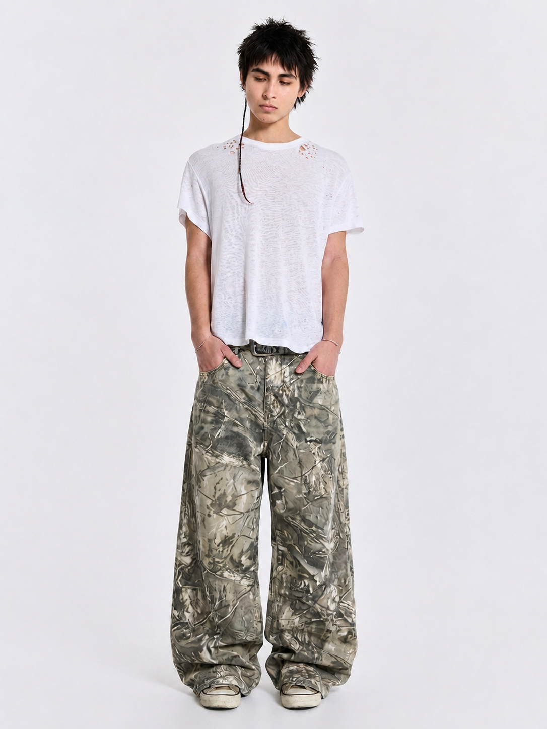 Wilderness Script Camo Baggy Jeans in Washed Khaki