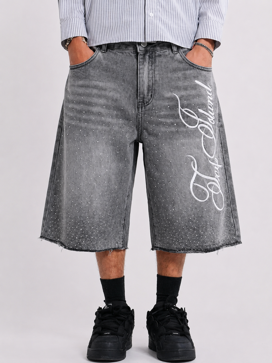 Lost Signal Rhinestone Baggy Denim Jorts in Grey Wash