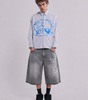 Lost Signal Rhinestone Baggy Denim Jorts in Grey Wash