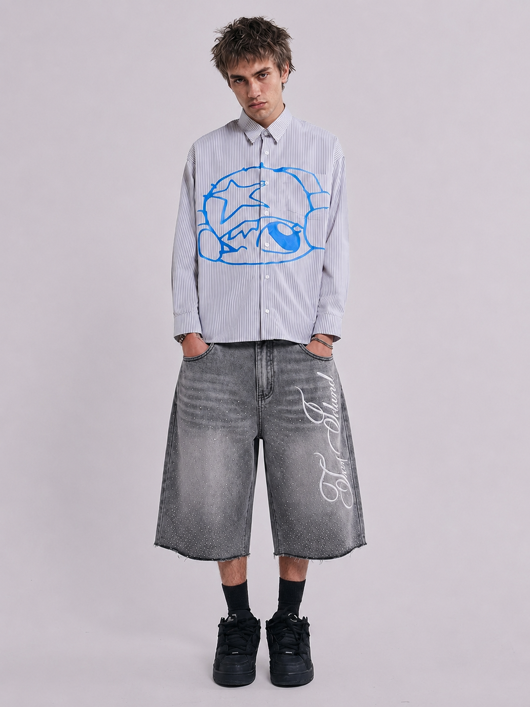 Lost Signal Rhinestone Baggy Denim Jorts in Grey Wash