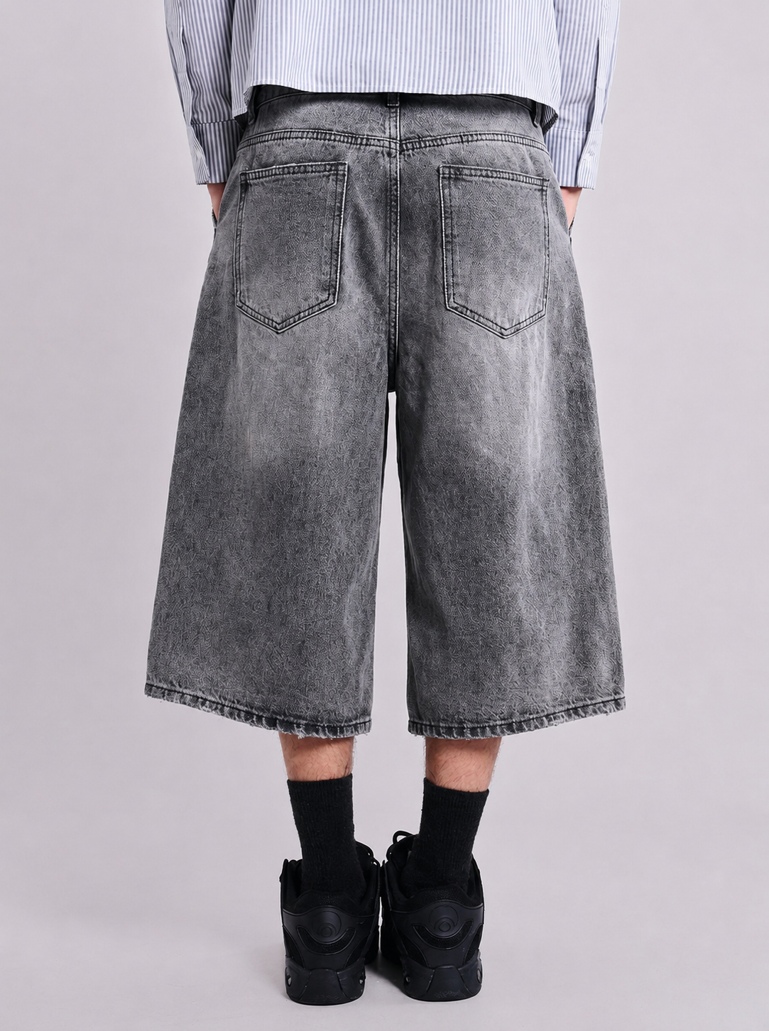 Lost Signal Rhinestone Baggy Denim Jorts in Grey Wash