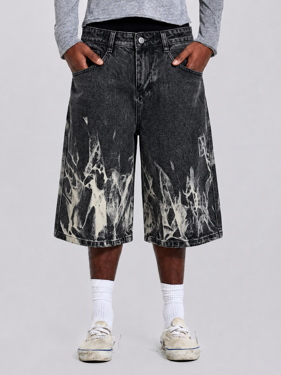 Ash Flame Graphic Baggy Denim Jorts in Black Wash