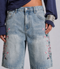 Blossom Trail Floral Embroidered Baggy Denim Jorts in Light Wash