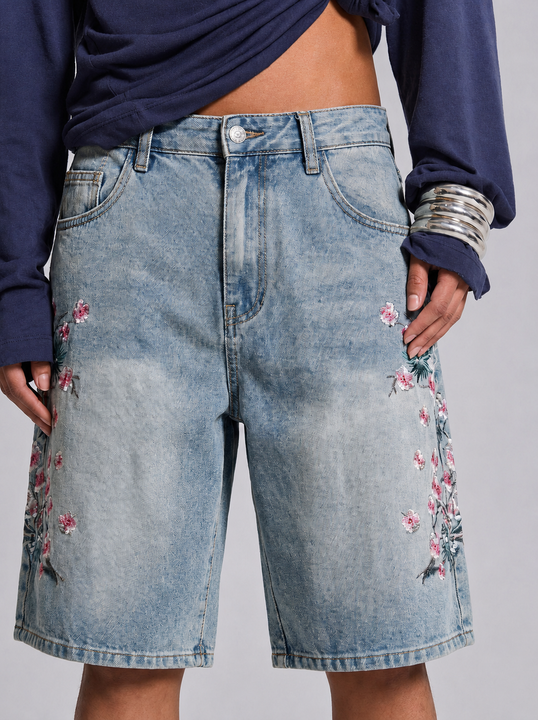 Blossom Trail Floral Embroidered Baggy Denim Jorts in Light Wash