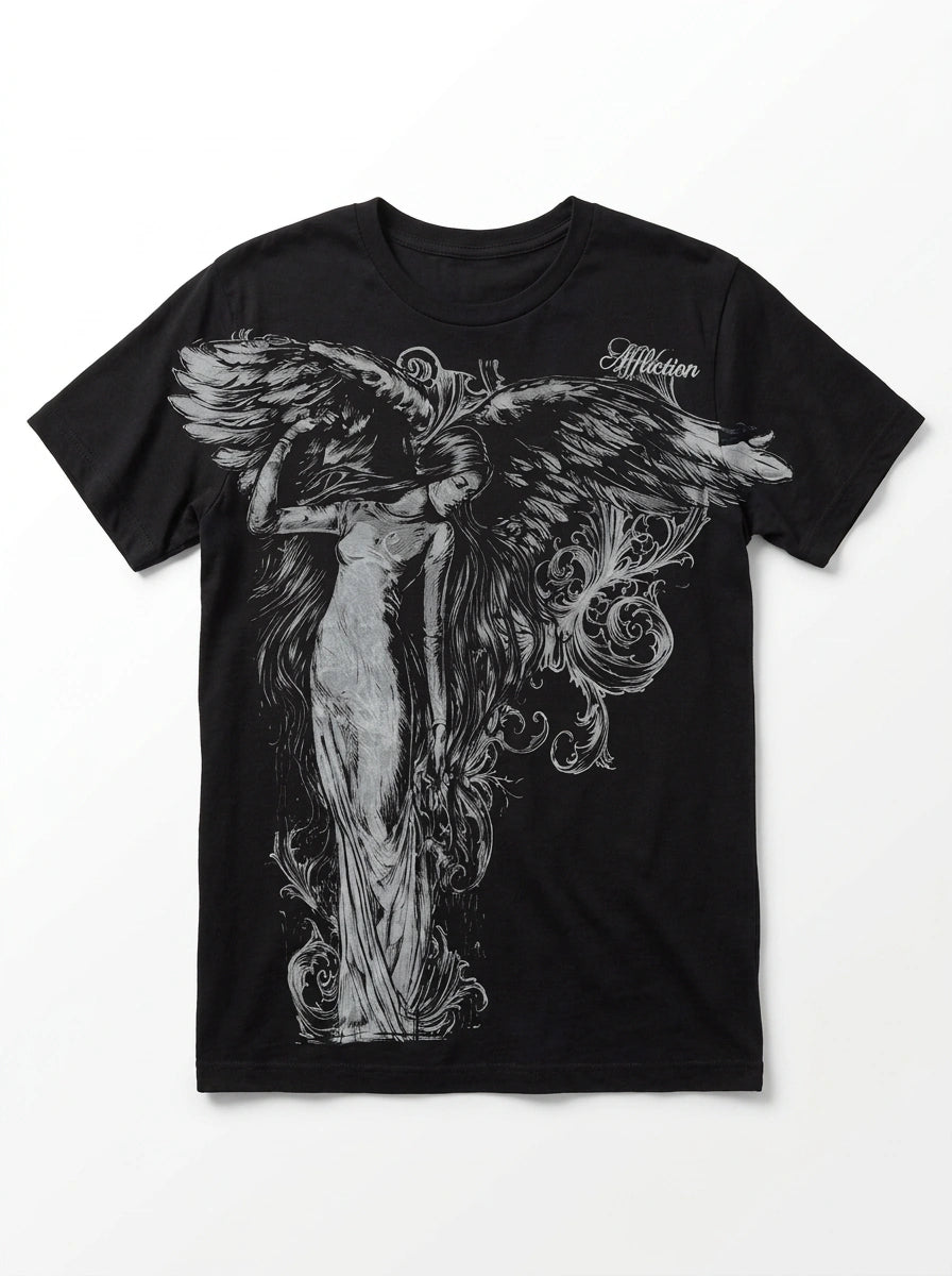 Y2K Oversized Tee Angel Statue Baroque Graphic Print Black Gothic — Riot Angel Statue