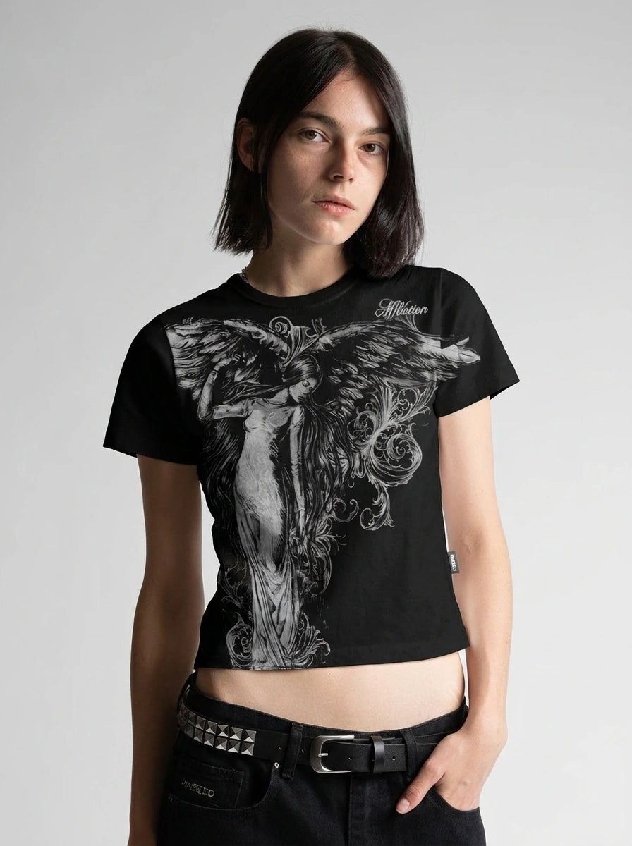 Y2K Oversized Tee Angel Statue Baroque Graphic Print Black Gothic — Riot Angel Statue