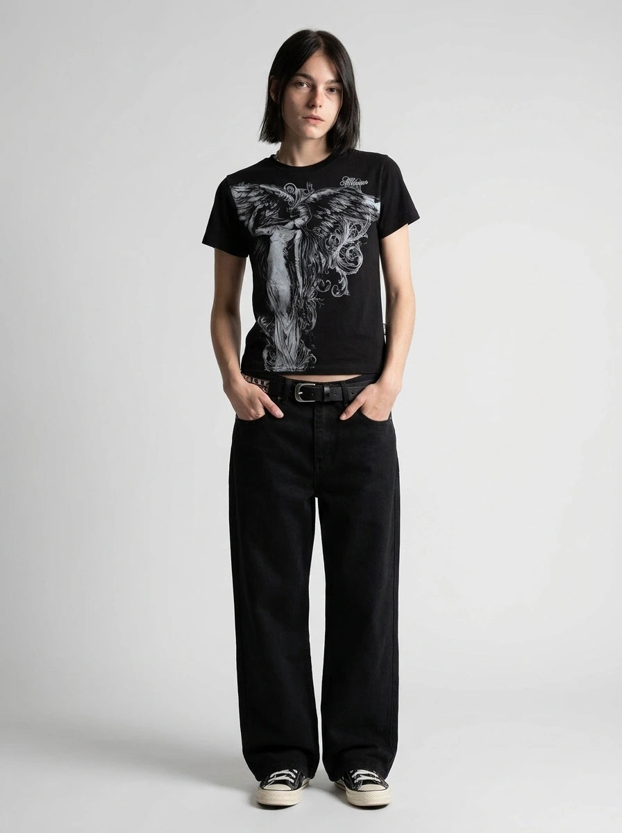 Y2K Oversized Tee Angel Statue Baroque Graphic Print Black Gothic — Riot Angel Statue