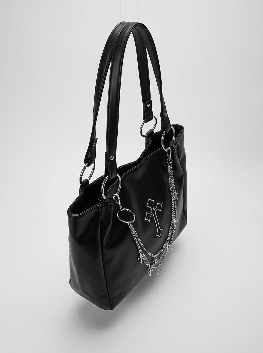 Y2K Gothic Tote Bag Cross Chain Detail Black Streetwear — Riot Cross Chain