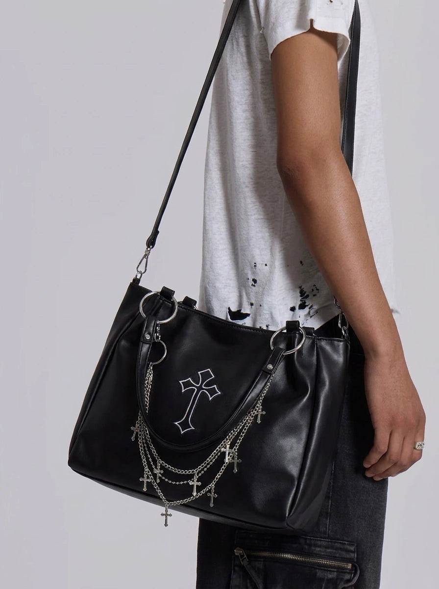 Y2K Gothic Tote Bag Cross Chain Detail Black Streetwear — Riot Cross Chain