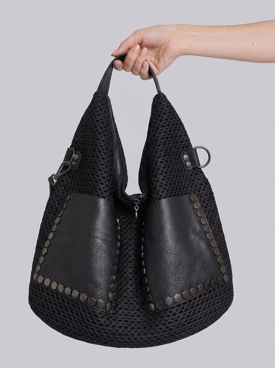 Y2K Hobo Shoulder Bag Punk Rivet Mesh Large Capacity Black Streetwear — Riot Punk Rivet Mesh