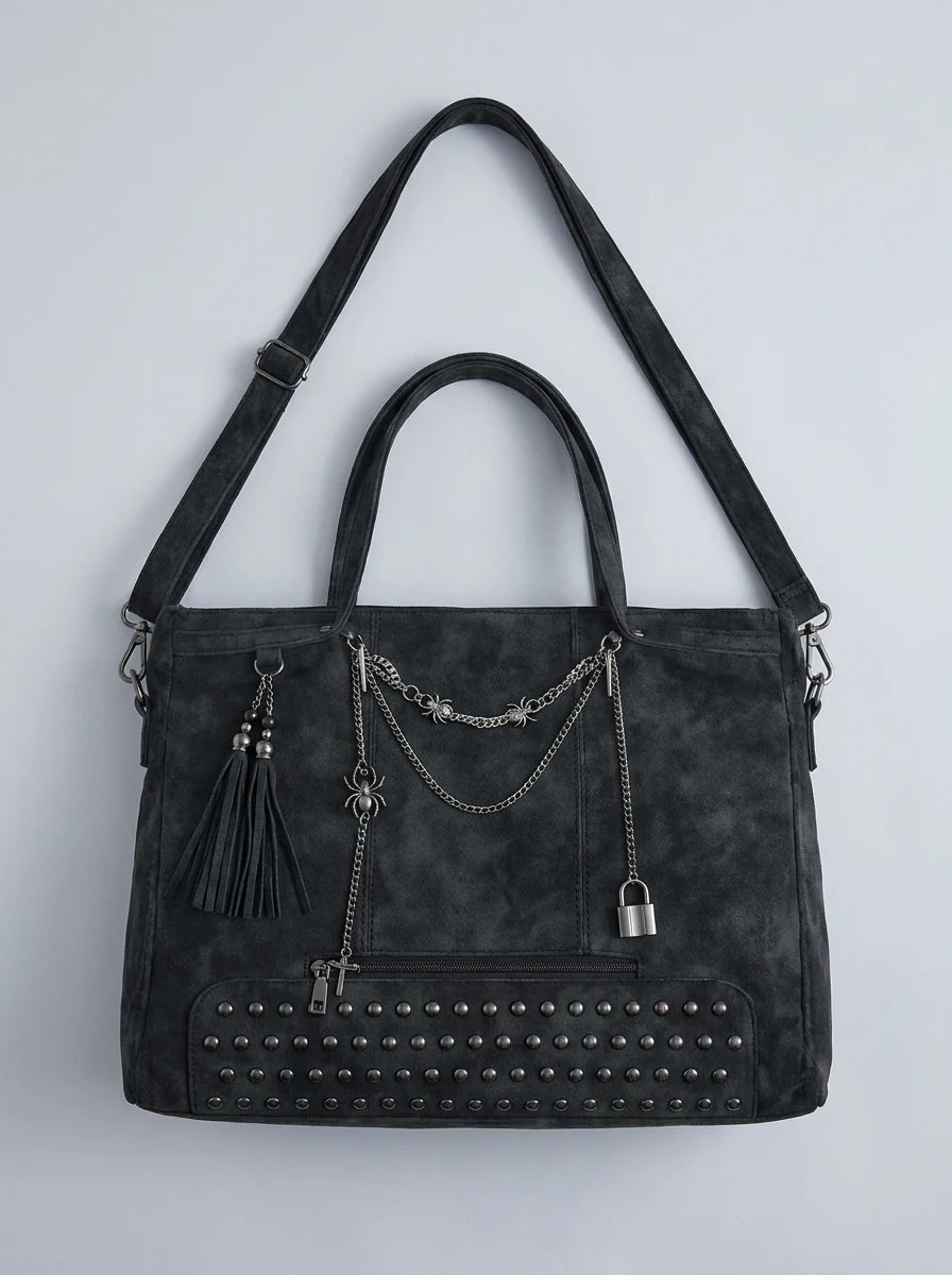 Y2K Tote Shoulder Bag Gothic Spider Chain Rivet Faux Suede Streetwear — Riot Gothic Spider Chain