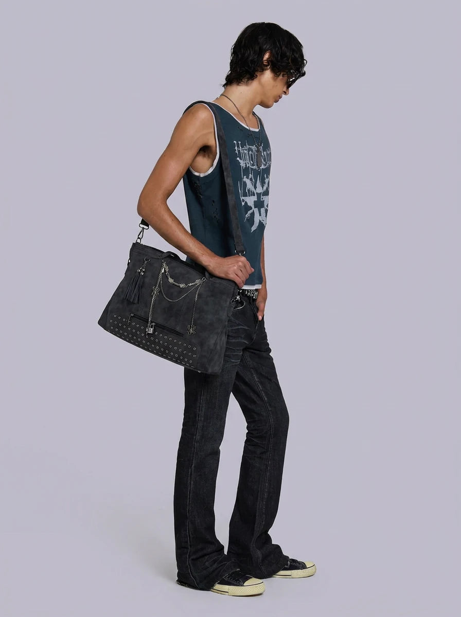 Y2K Tote Shoulder Bag Gothic Spider Chain Rivet Faux Suede Streetwear — Riot Gothic Spider Chain