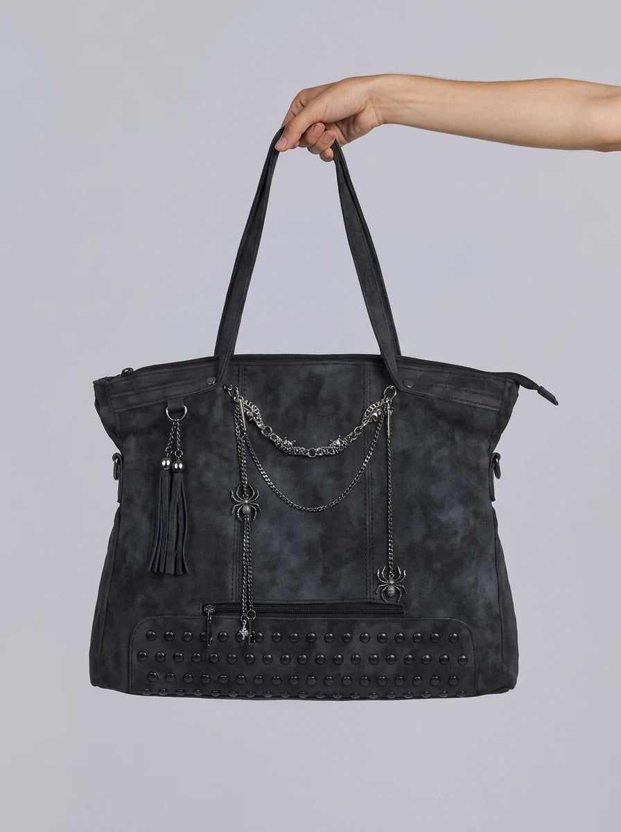Y2K Tote Shoulder Bag Gothic Spider Chain Rivet Faux Suede Streetwear — Riot Gothic Spider Chain