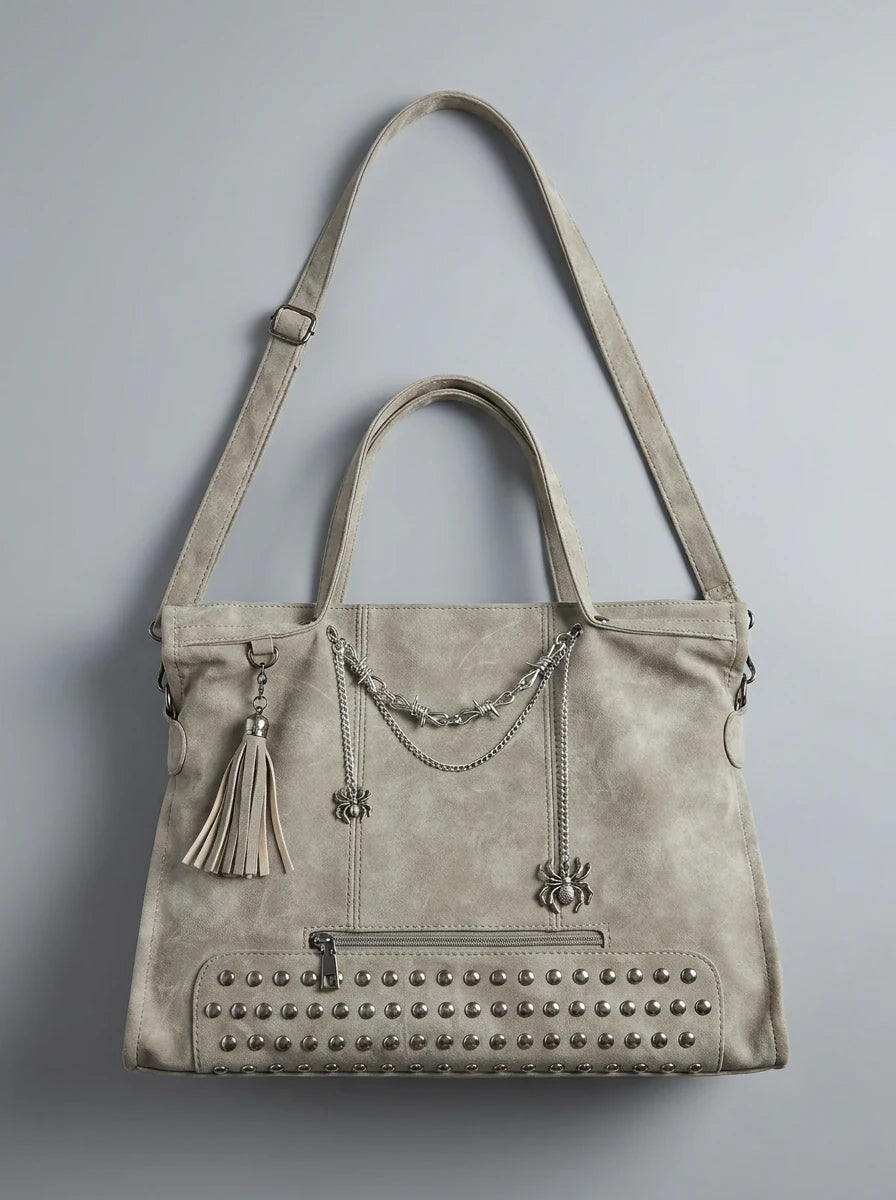 Y2K Tote Shoulder Bag Gothic Spider Chain Rivet Faux Suede Streetwear — Riot Gothic Spider Chain
