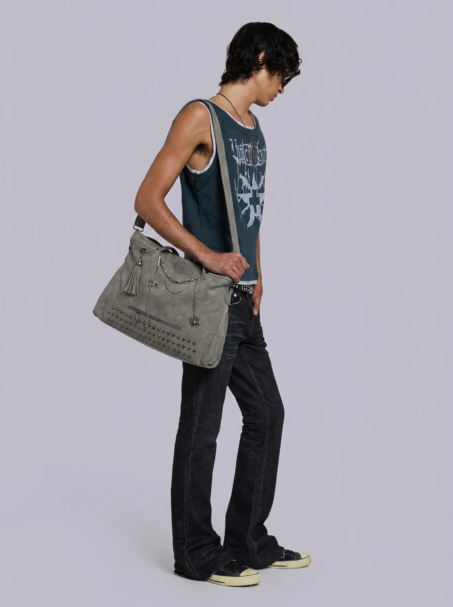Y2K Tote Shoulder Bag Gothic Spider Chain Rivet Faux Suede Streetwear — Riot Gothic Spider Chain