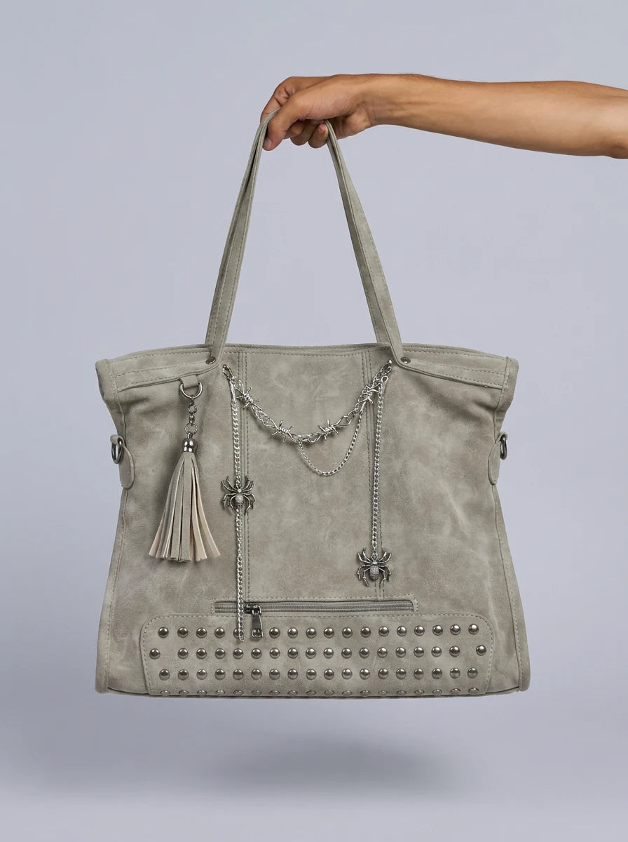 Y2K Tote Shoulder Bag Gothic Spider Chain Rivet Faux Suede Streetwear — Riot Gothic Spider Chain