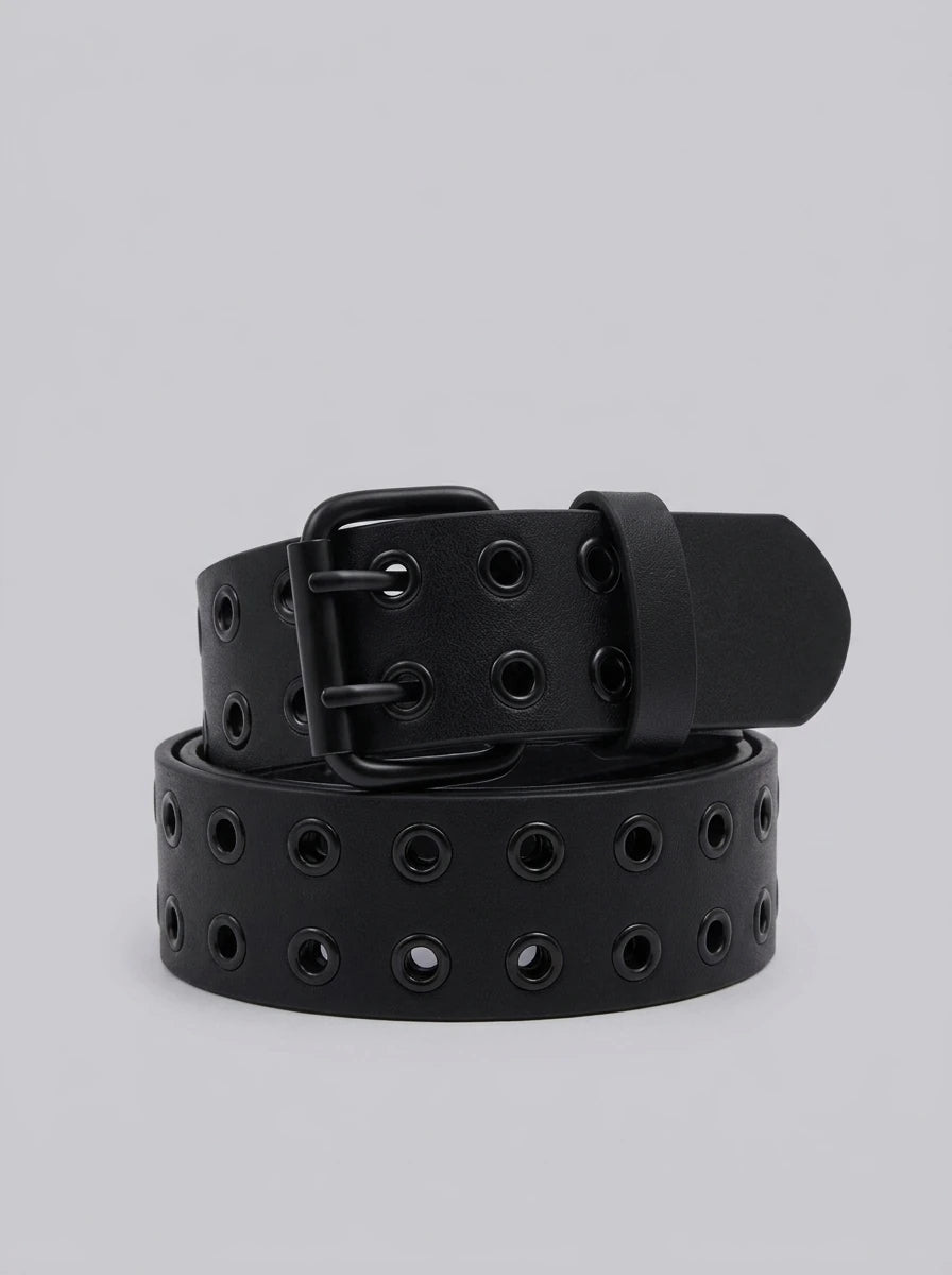 Y2K Faux Leather Belt Double Eyelet Pin Buckle Black Punk — Riot Double Eyelet