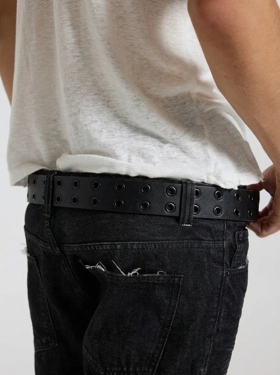 Y2K Faux Leather Belt Double Eyelet Pin Buckle Black Punk — Riot Double Eyelet