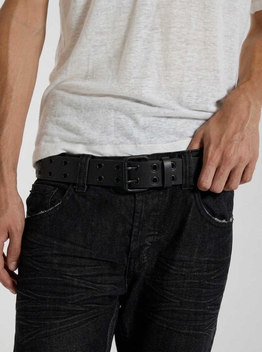 Y2K Faux Leather Belt Double Eyelet Pin Buckle Black Punk — Riot Double Eyelet