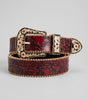 Y2K Faux Leather Belt Western Carved Floral Buckle Burgundy Streetwear — Vintage Western Carved Floral
