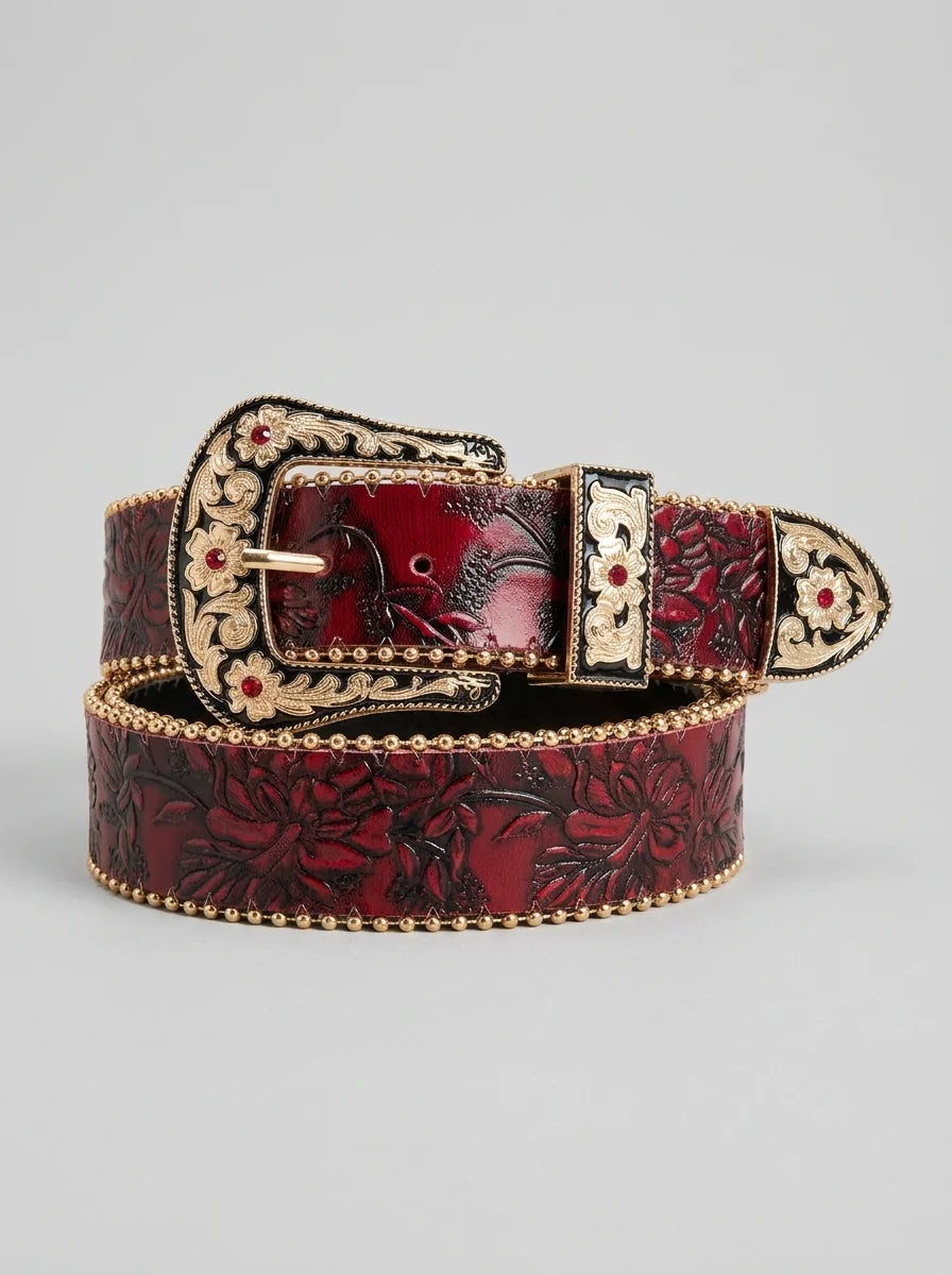 Y2K Faux Leather Belt Western Carved Floral Buckle Burgundy Streetwear — Vintage Western Carved Floral