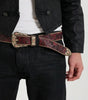 Y2K Faux Leather Belt Western Carved Floral Buckle Burgundy Streetwear — Vintage Western Carved Floral