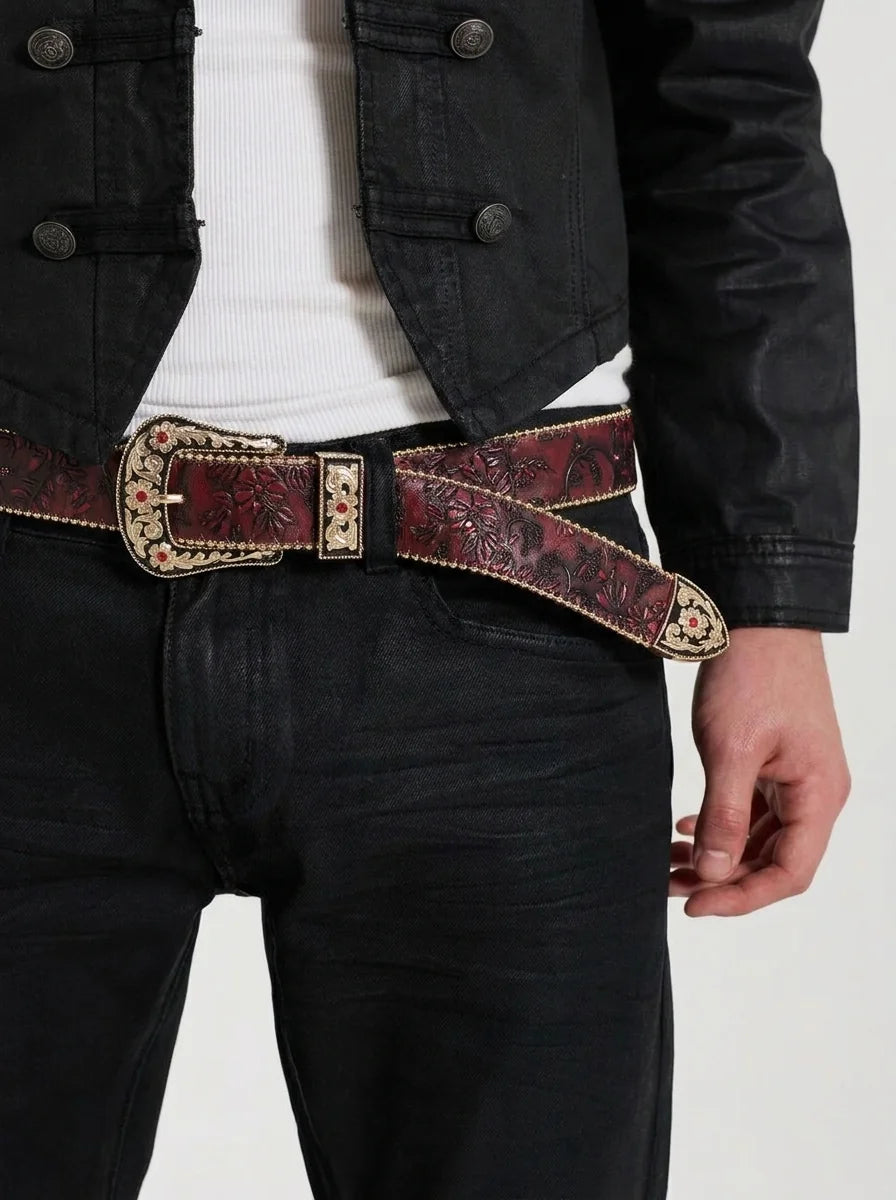 Y2K Faux Leather Belt Western Carved Floral Buckle Burgundy Streetwear — Vintage Western Carved Floral