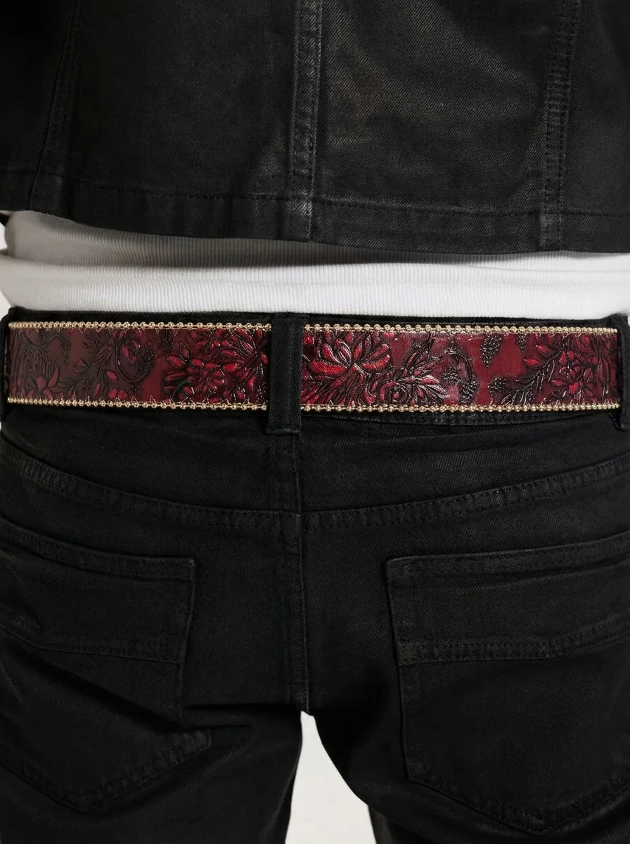 Y2K Faux Leather Belt Western Carved Floral Buckle Burgundy Streetwear — Vintage Western Carved Floral