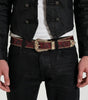 Y2K Faux Leather Belt Western Carved Floral Buckle Burgundy Streetwear — Vintage Western Carved Floral