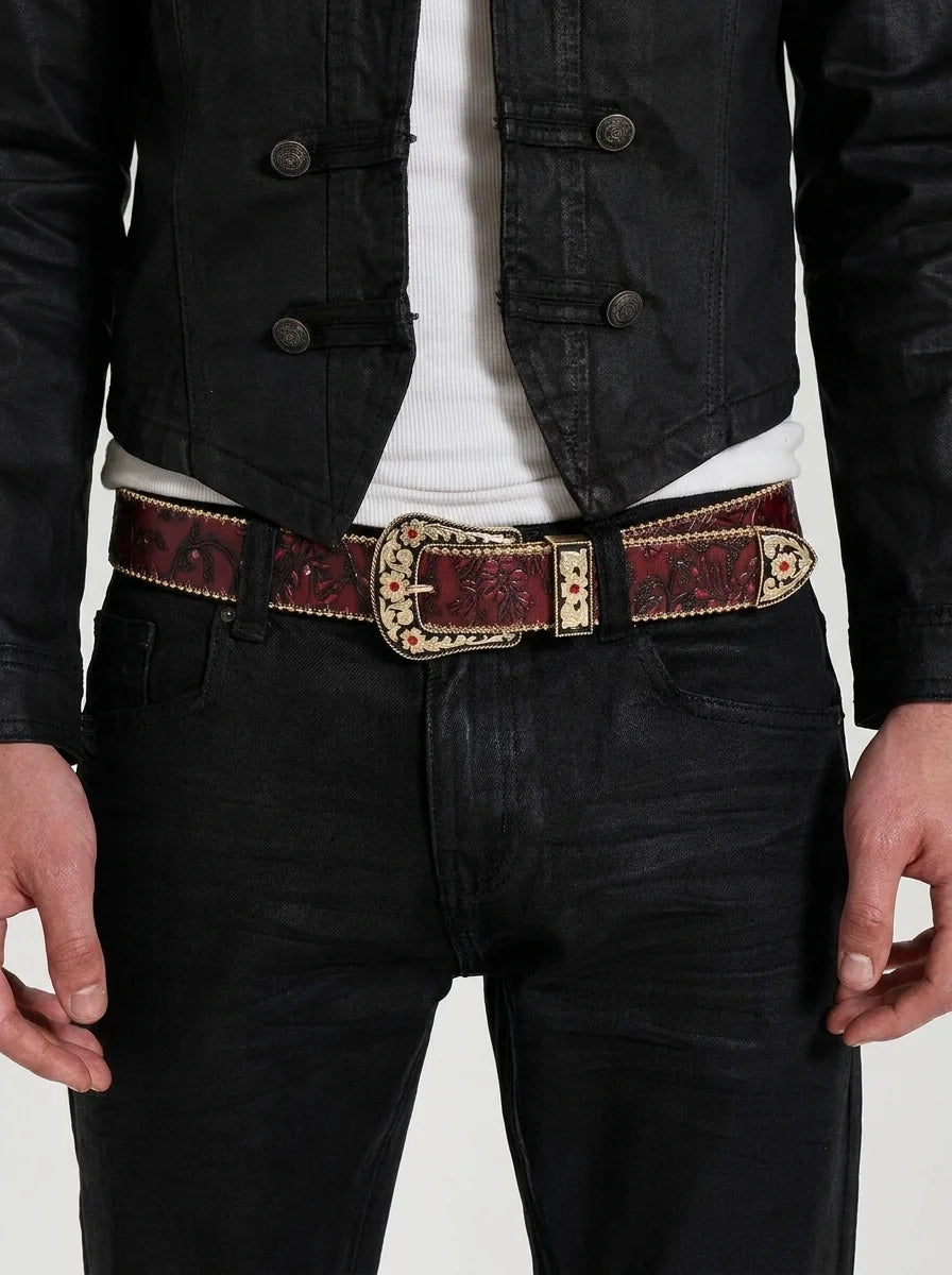 Y2K Faux Leather Belt Western Carved Floral Buckle Burgundy Streetwear — Vintage Western Carved Floral