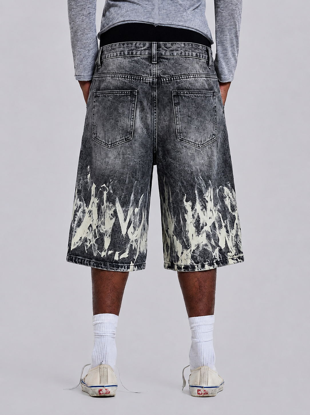Ash Flame Graphic Baggy Denim Jorts in Black Wash