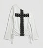 Y2K Off-Shoulder Top Metal Cross Rivet Design White Gothic — Riot Metal Cross Rivet