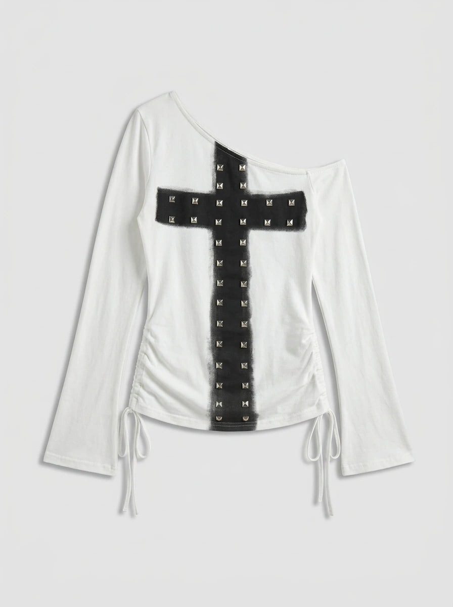 Y2K Off-Shoulder Top Metal Cross Rivet Design White Gothic — Riot Metal Cross Rivet