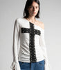 Y2K Off-Shoulder Top Metal Cross Rivet Design White Gothic — Riot Metal Cross Rivet