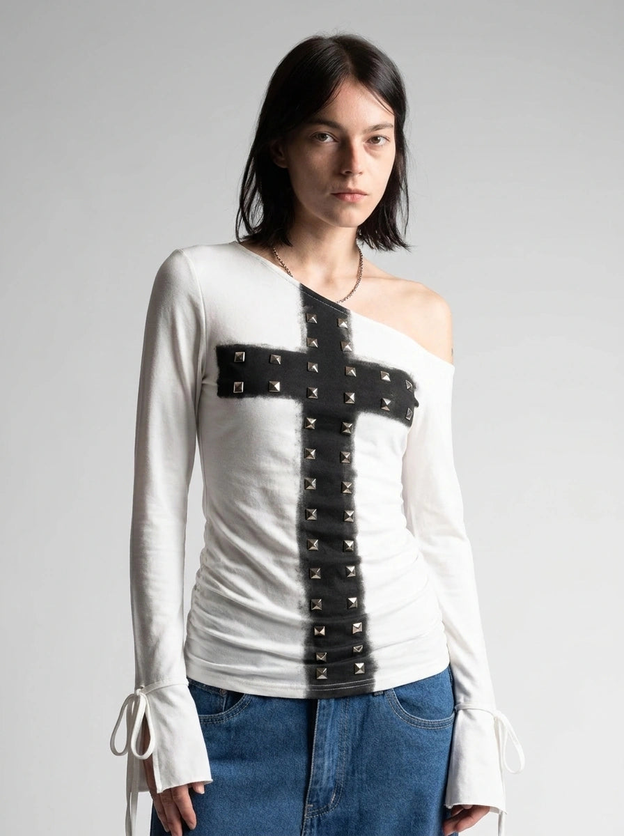 Y2K Off-Shoulder Top Metal Cross Rivet Design White Gothic — Riot Metal Cross Rivet